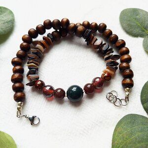 Boho Necklace, Handmade Wooden Beaded Necklace, Gemstone Necklace Hippie Style